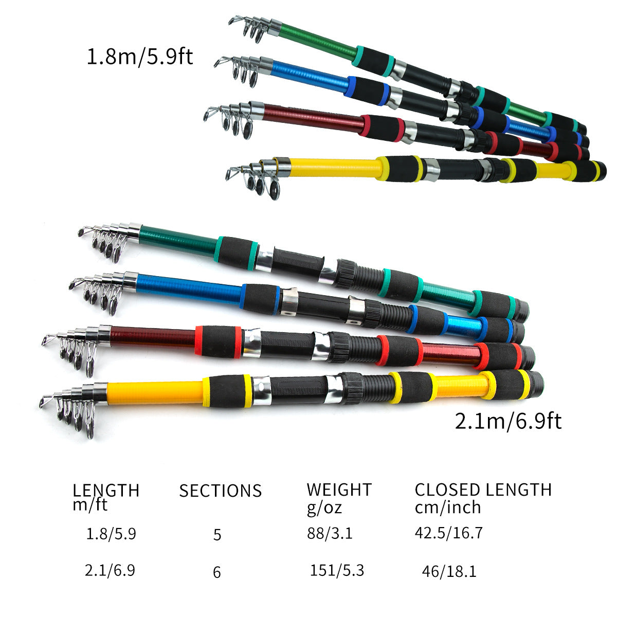 Canne à leurre télescopique enfant – Fibre de verre rigide 1.8m & 2.1m