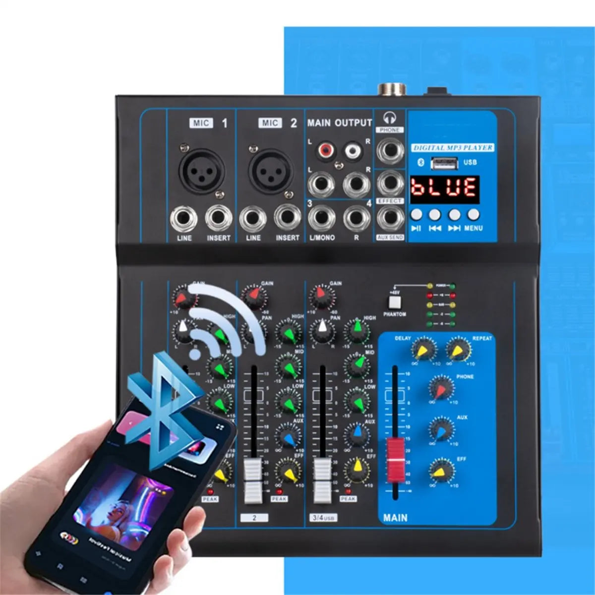 AIMA – Console de Mixage DJ 4 Canaux, USB MP3, 12V, Enregistrement PC, Prise US