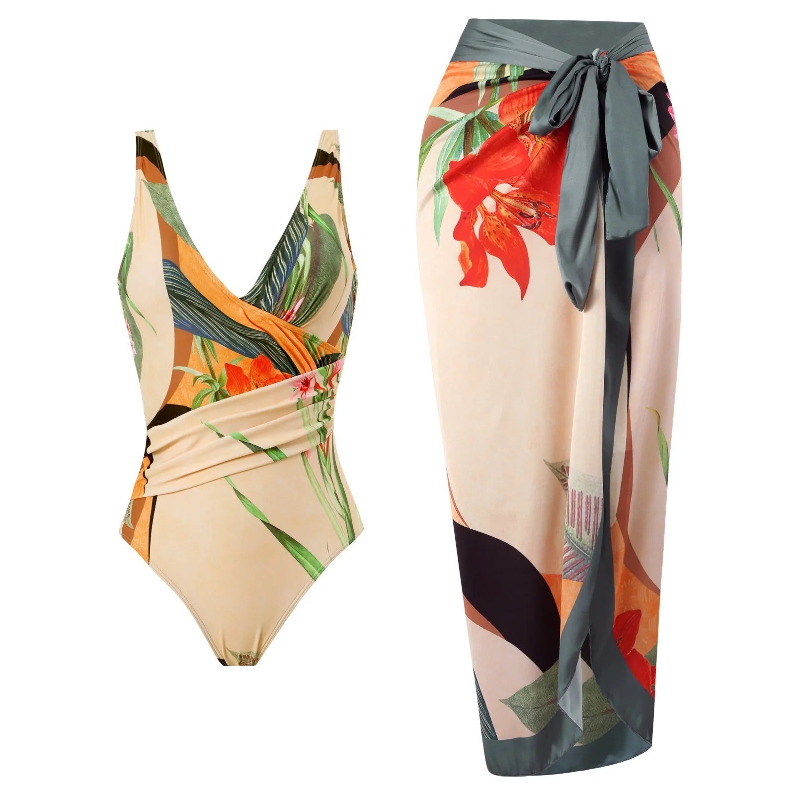 Maillot de Bain Une Pièce Femme – Slim Imprimé, Taille Haute & Col Frontal | Ventre Couvert, Nouveau