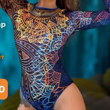 Maillot de Bain Une Pièce Femme – Manches Longues Imprimé, Tissu Maillé & Protection Solaire | Nouveau