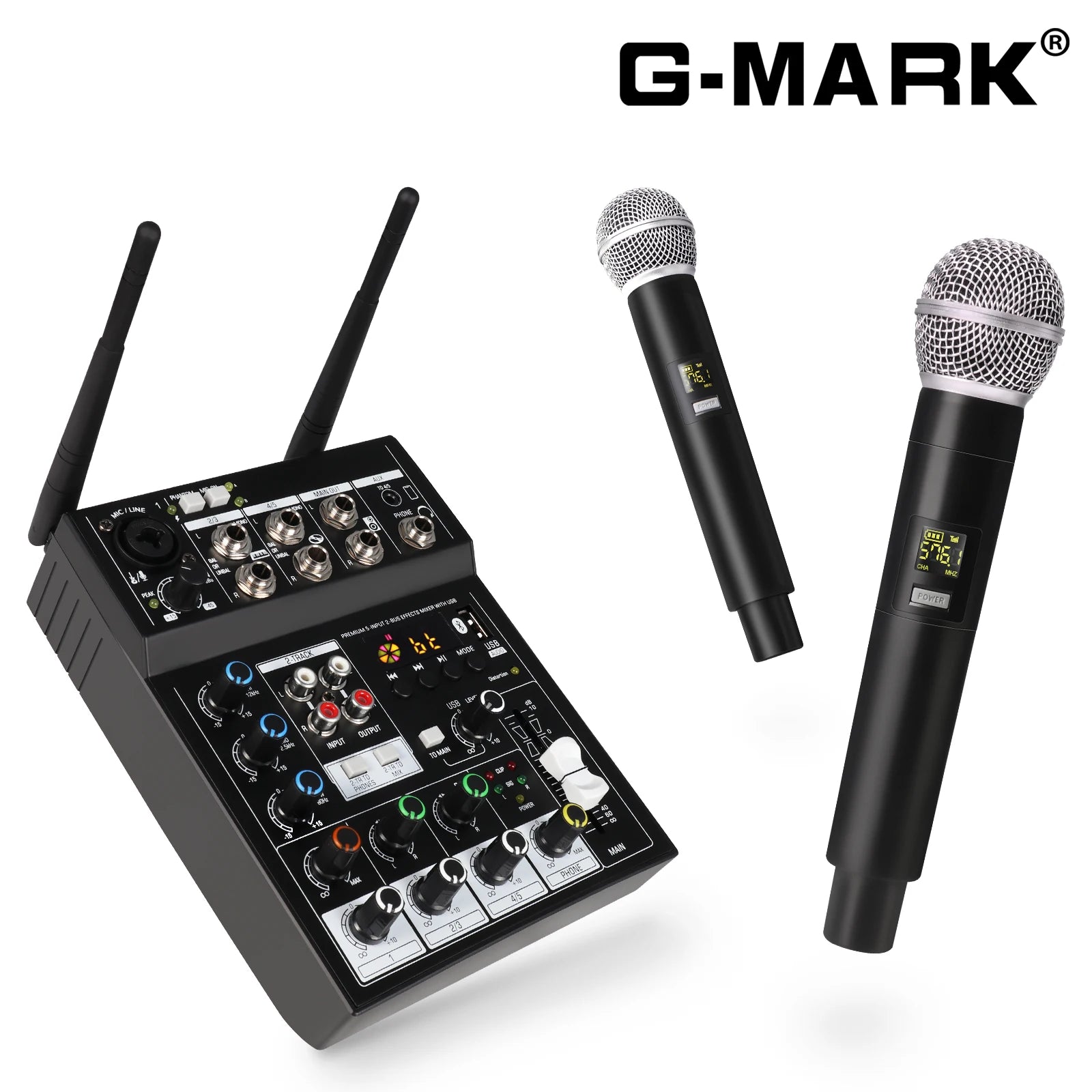G-MARK STUDIO 4 – Console de Mixage DJ 4 Canaux Bluetooth, 2 Micros Sans Fil UHF, 48V, USB