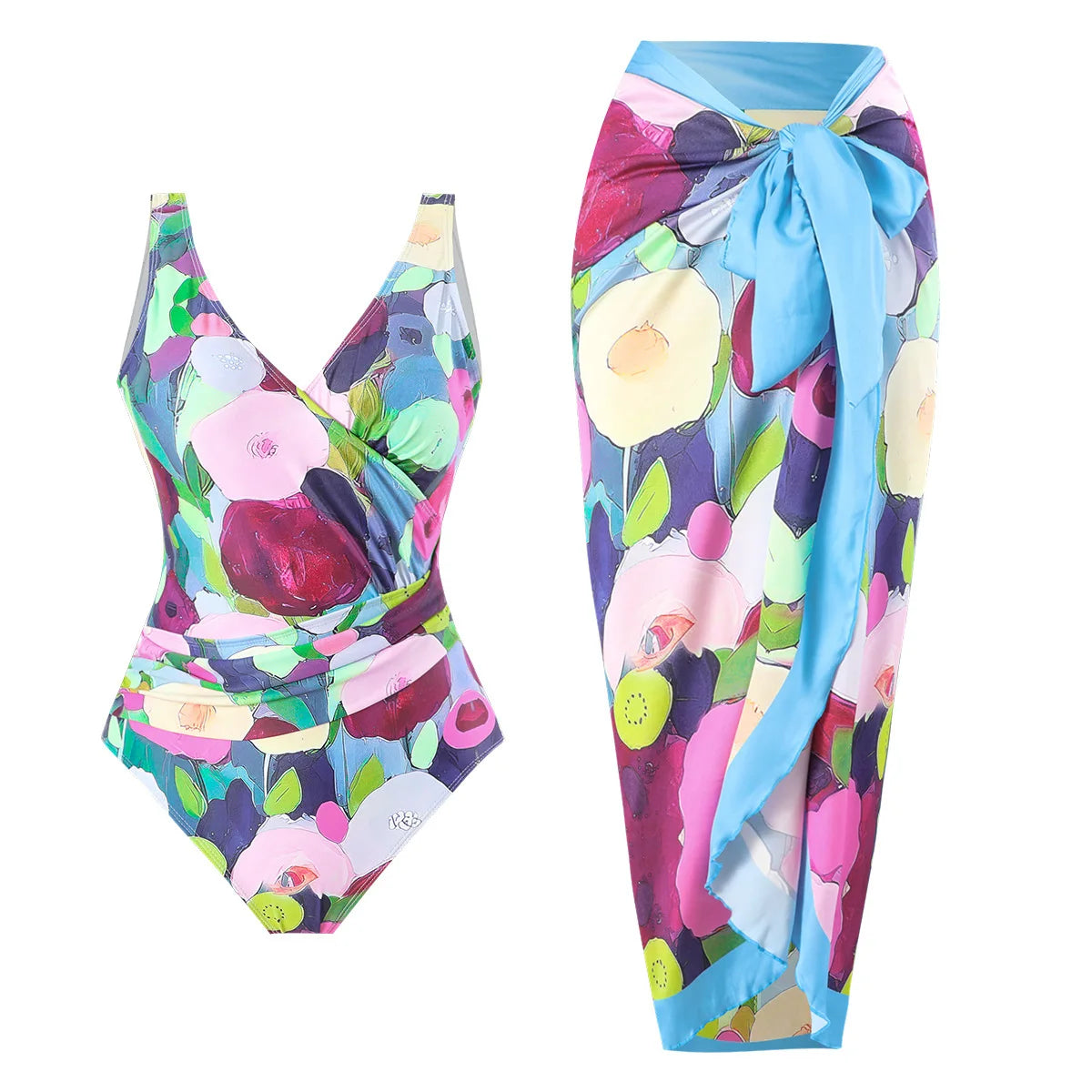 Maillot de Bain Une Pièce Femme – Slim Imprimé, Taille Haute & Col Frontal | Ventre Couvert, Nouveau