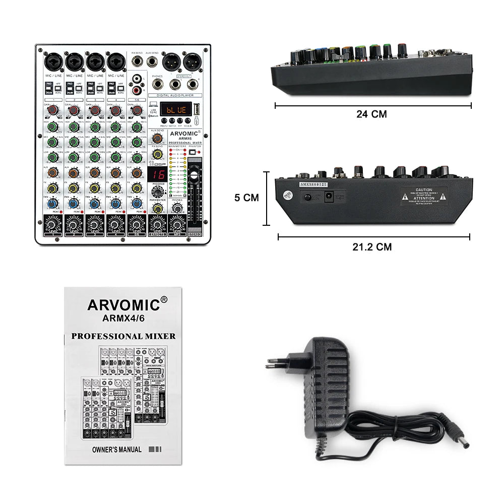 MELONARE ARMX-6 – Table de Mixage DJ 6 Canaux, Bluetooth, USB, 16 Effets DSP, EQ 3 Bandes