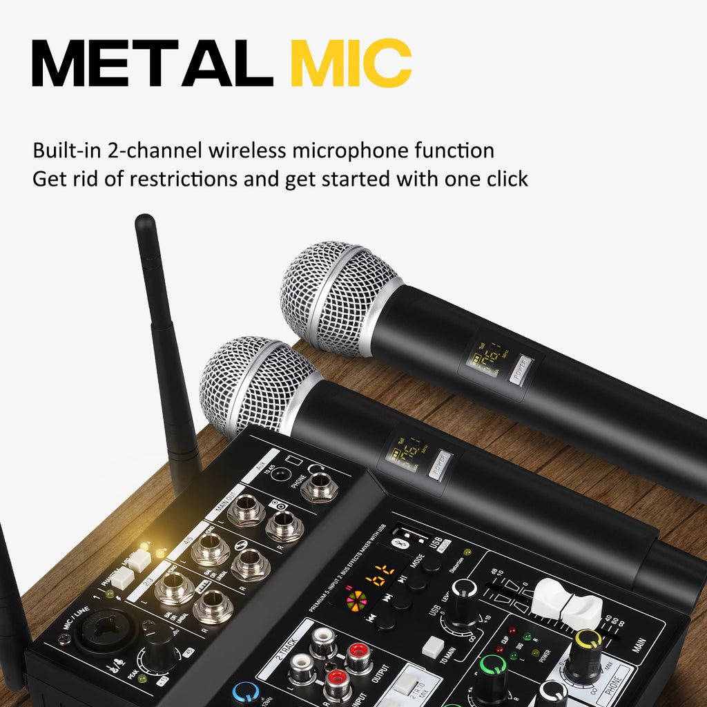G-MARK STUDIO 4 – Console de Mixage DJ 4 Canaux Bluetooth, 2 Micros Sans Fil UHF, 48V, USB