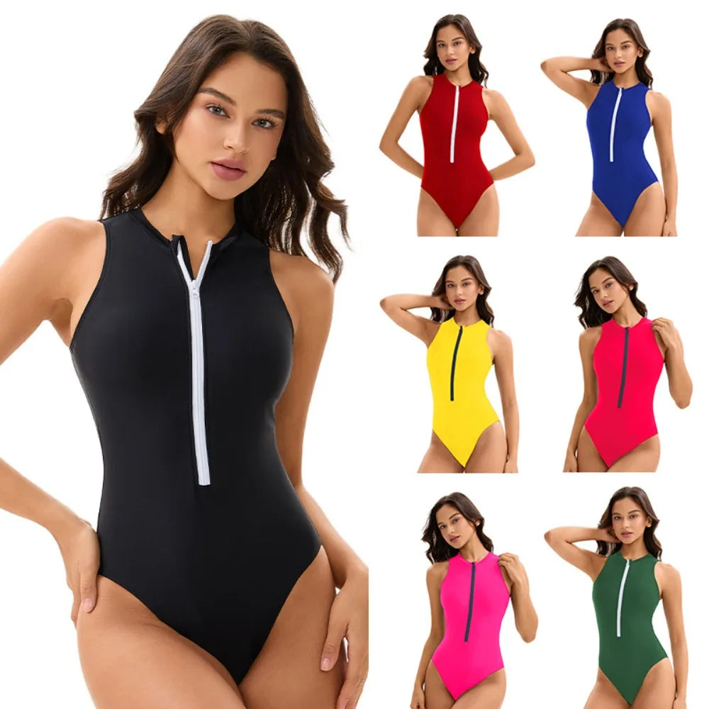 Maillot de Bain Une Pièce Femme – Combinaison Sans Manches Demi-Zip | Sport Aquatique & Plage