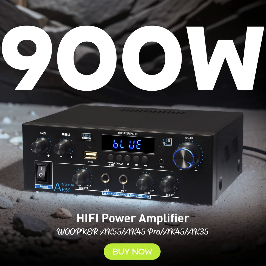 Woopker AK35 / AK45 / AK45 Pro / AK55 – Amplificateur Numérique Bluetooth 2 Canaux HiFi | FM · USB | Maison · Voiture · Karaoké