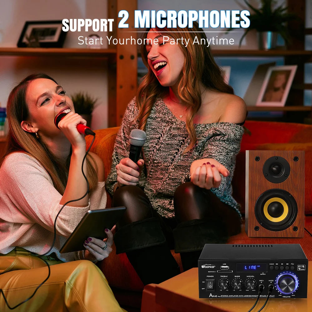 Woopker AK45 Pro – Amplificateur Numérique HiFi 2.0 Bluetooth | 50W×2 · 820W Max | FM · USB | Maison · Voiture · Karaoké