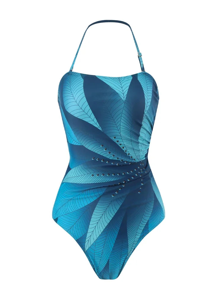 Maillot de Bain Une Pièce Femme – Slim Imprimé, Taille Haute & Col Frontal | Ventre Couvert, Nouveau