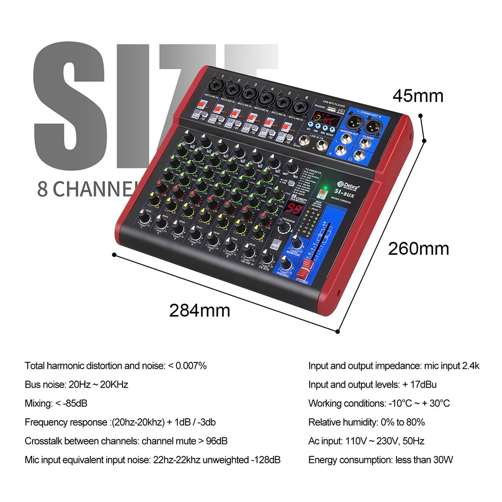 IKGE SI-UX – Table de Mixage DJ Portable Bluetooth 5.0, 99 Effets DSP, USB, 4/6/8 Canaux