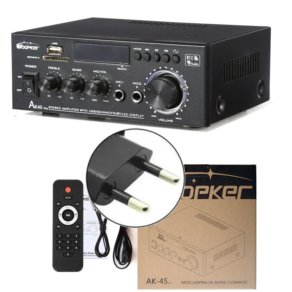 Woopker AK45 Pro – Amplificateur Numérique HiFi 2.0 Bluetooth | 50W×2 · 820W Max | FM · USB | Maison · Voiture · Karaoké