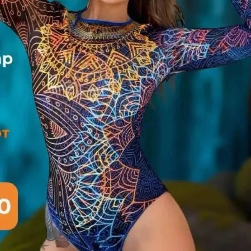 Maillot de Bain Une Pièce Femme – Manches Longues Imprimé, Tissu Maillé & Protection Solaire | Nouveau