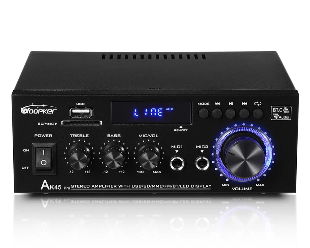 Woopker AK45 Pro – Amplificateur Numérique HiFi 2.0 Bluetooth | 50W×2 · 820W Max | FM · USB | Maison · Voiture · Karaoké