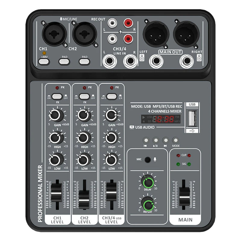 AOIEUUAI – Table de Mixage 4 Canaux Bluetooth, 48V Alimentation Fantôme, USB, Studio & Karaoké