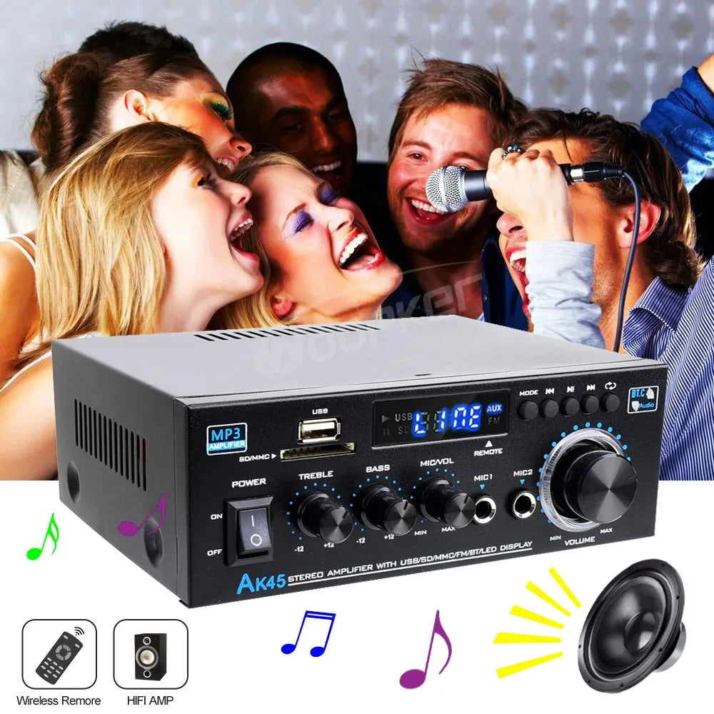 Woopker AK35 / AK45 / AK45 Pro / AK55 – Amplificateur Numérique Bluetooth 2 Canaux HiFi | FM · USB | Maison · Voiture · Karaoké
