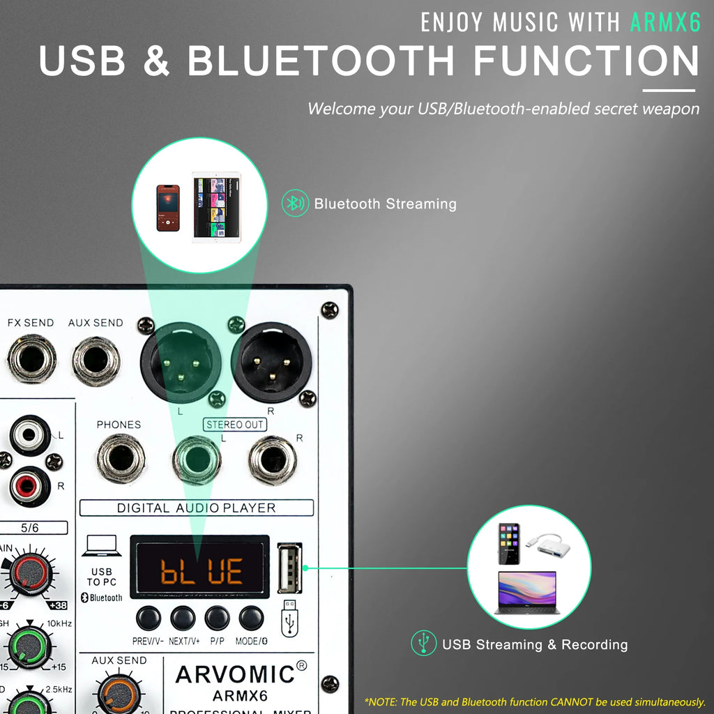 MELONARE ARMX-6 – Table de Mixage DJ 6 Canaux, Bluetooth, USB, 16 Effets DSP, EQ 3 Bandes