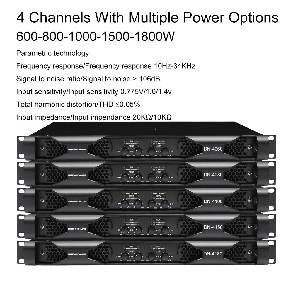 Shenndare DN-2100/DN-4100 – Ampli Puissance Classe D 1U, 2/4 Canaux, jusqu’à 4×1800W, Line Array DJ Scène KTV