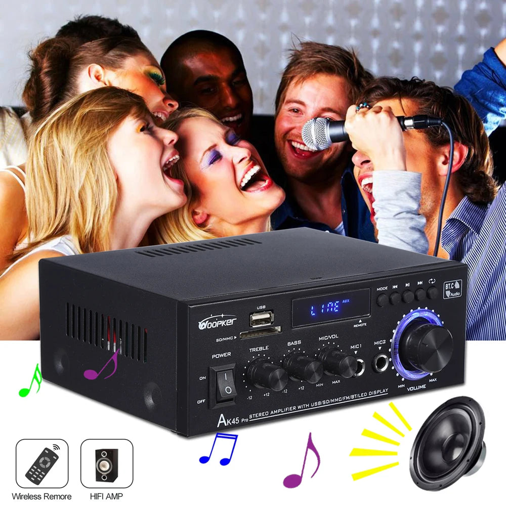 Woopker AK45 Pro – Amplificateur Numérique HiFi 2.0 Bluetooth | 50W×2 · 820W Max | FM · USB | Maison · Voiture · Karaoké