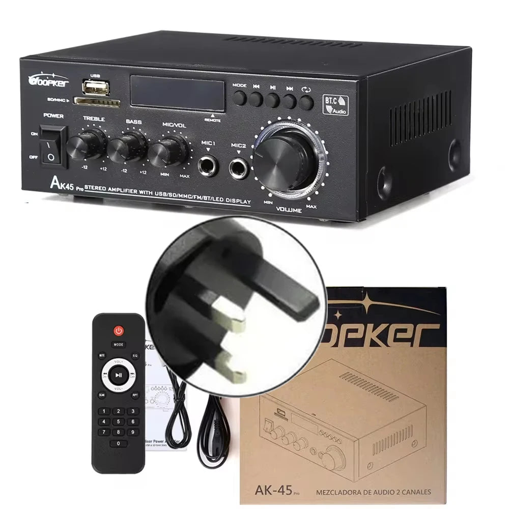 Woopker AK45 Pro – Amplificateur Numérique HiFi 2.0 Bluetooth | 50W×2 · 820W Max | FM · USB | Maison · Voiture · Karaoké
