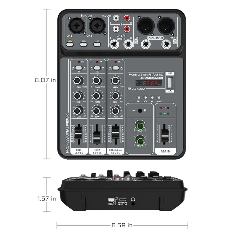 AOIEUUAI – Table de Mixage 4 Canaux Bluetooth, 48V Alimentation Fantôme, USB, Studio & Karaoké