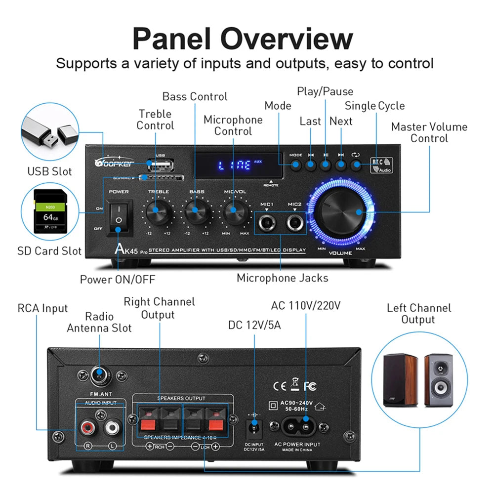 Woopker AK45 Pro – Amplificateur Numérique HiFi 2.0 Bluetooth | 50W×2 · 820W Max | FM · USB | Maison · Voiture · Karaoké