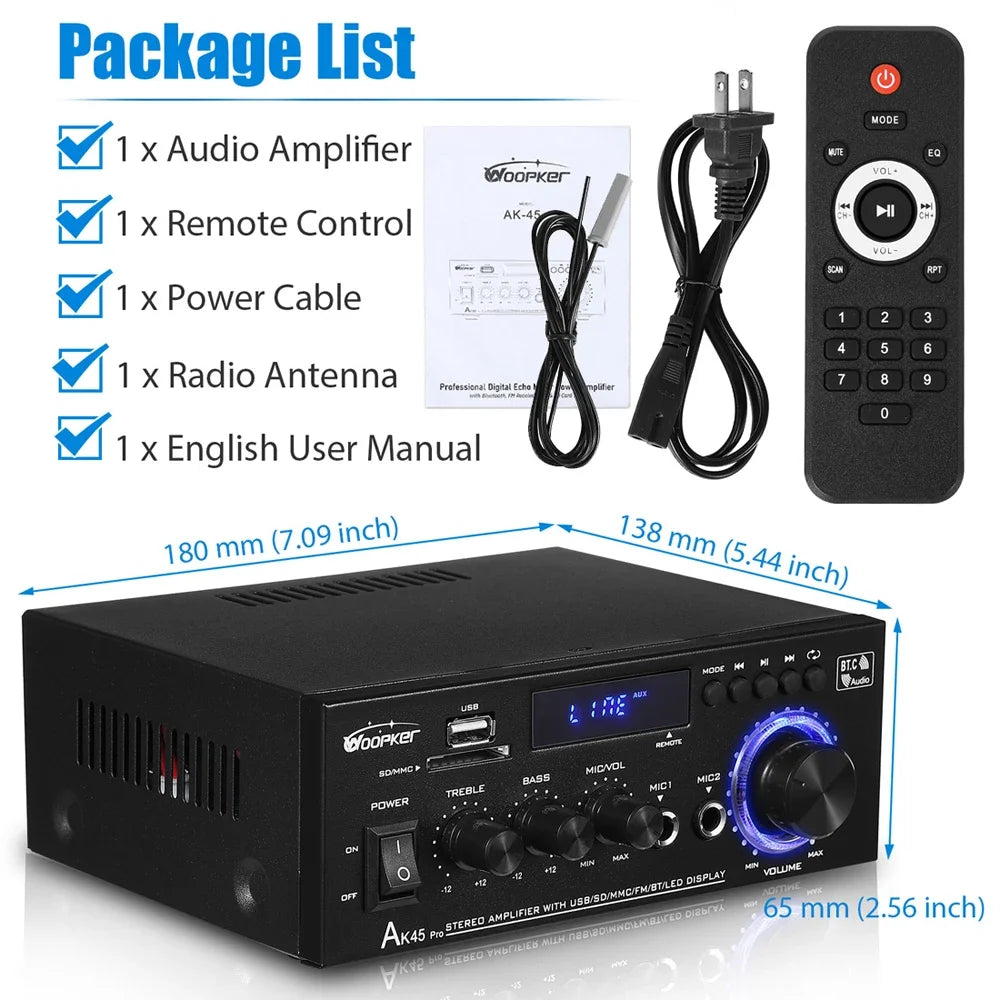 Woopker AK45 Pro – Amplificateur Numérique HiFi 2.0 Bluetooth | 50W×2 · 820W Max | FM · USB | Maison · Voiture · Karaoké