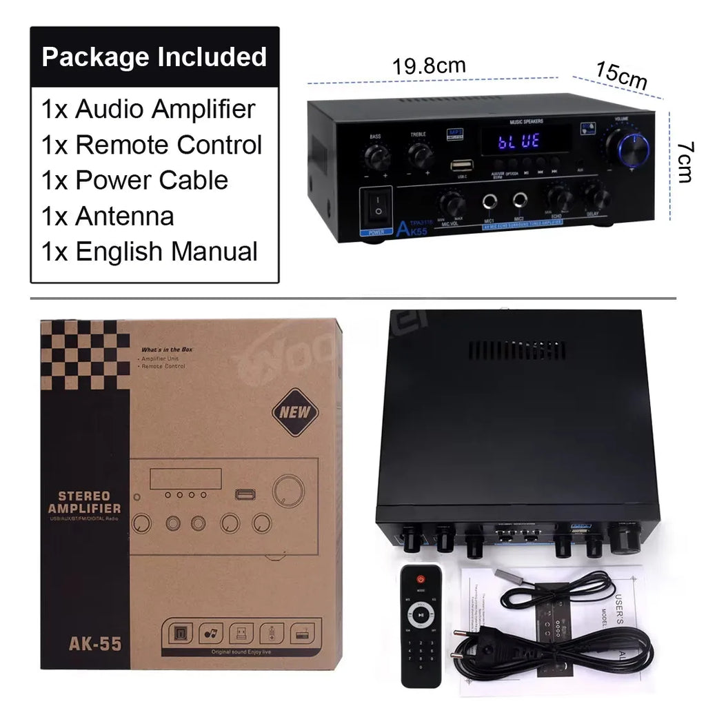 Woopker AK35 / AK45 / AK45 Pro / AK55 – Amplificateur Numérique Bluetooth 2 Canaux HiFi | FM · USB | Maison · Voiture · Karaoké