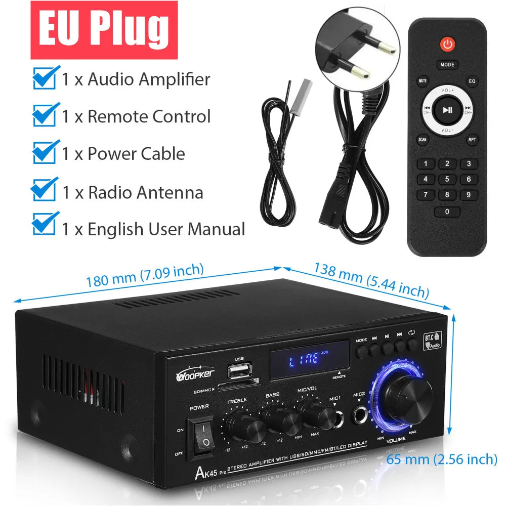 Woopker AK35 / AK45 / AK45 Pro / AK55 – Amplificateur Numérique Bluetooth 2 Canaux HiFi | FM · USB | Maison · Voiture · Karaoké