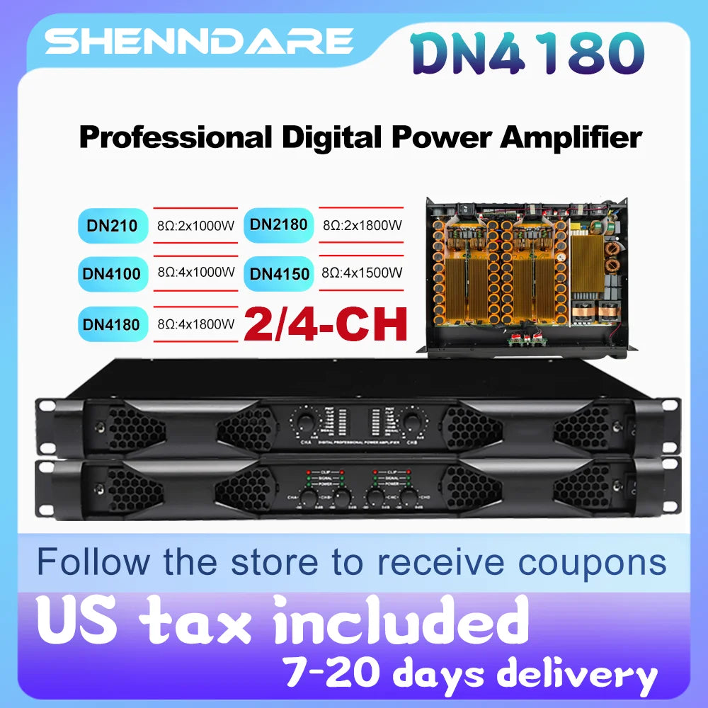 Shenndare DN-2100/DN-4100 – Ampli Puissance Classe D 1U, 2/4 Canaux, jusqu’à 4×1800W, Line Array DJ Scène KTV