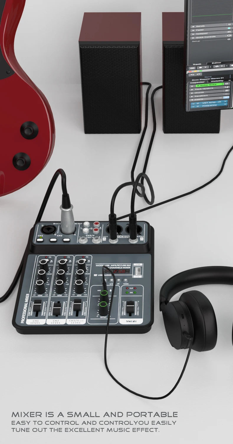AOIEUUAI – Table de Mixage 4 Canaux Bluetooth, 48V Alimentation Fantôme, USB, Studio & Karaoké
