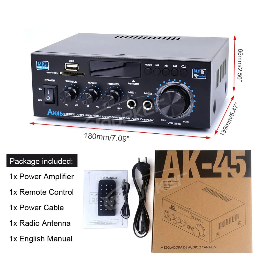 Woopker AK35 / AK45 / AK45 Pro / AK55 – Amplificateur Numérique Bluetooth 2 Canaux HiFi | FM · USB | Maison · Voiture · Karaoké