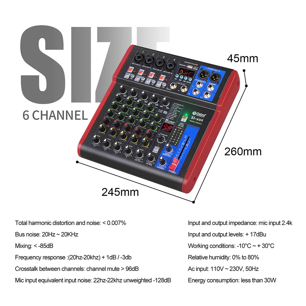 IKGE SI-UX – Table de Mixage DJ Portable Bluetooth 5.0, 99 Effets DSP, USB, 4/6/8 Canaux