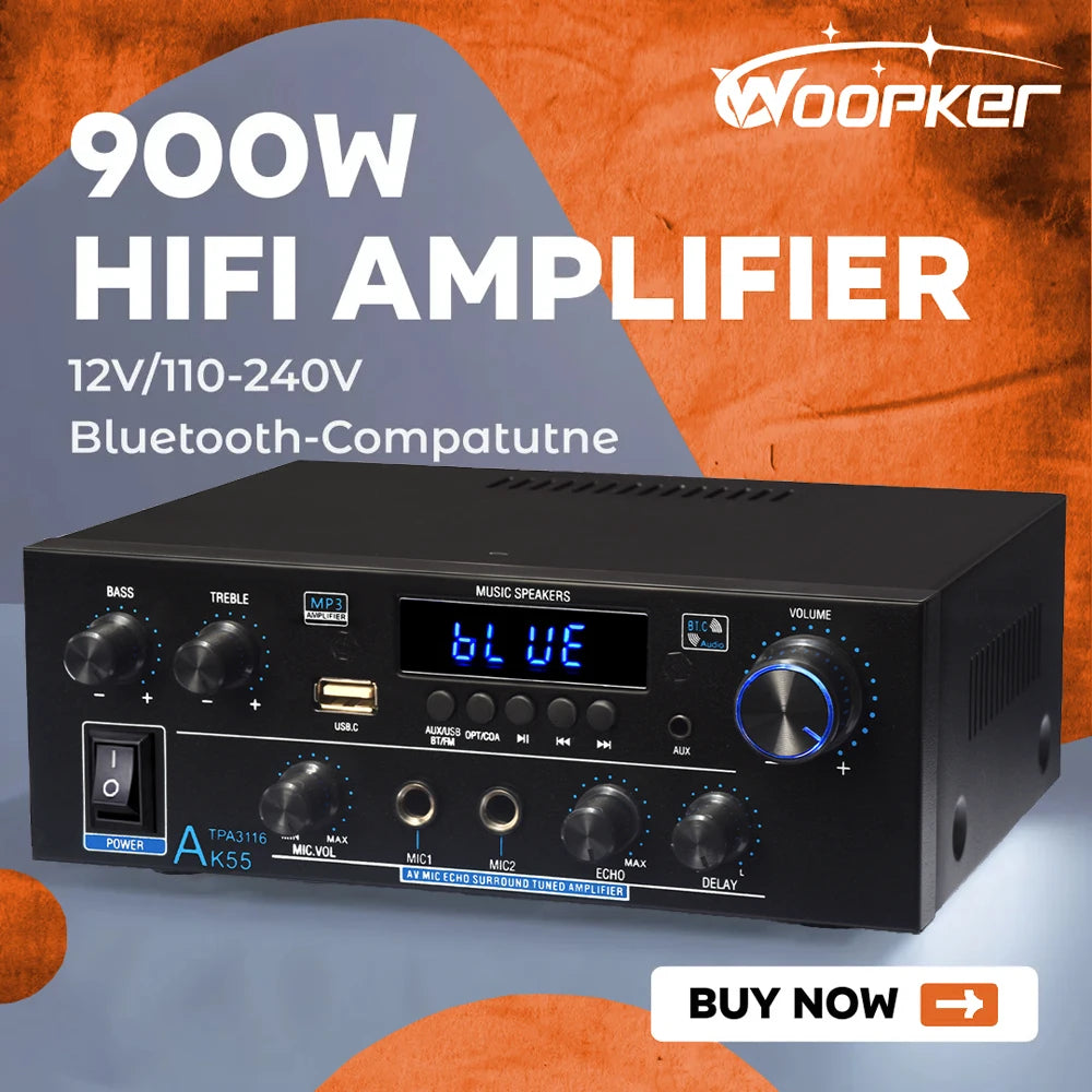 Woopker AK35 / AK45 / AK45 Pro / AK55 – Amplificateur Numérique Bluetooth 2 Canaux HiFi | FM · USB | Maison · Voiture · Karaoké