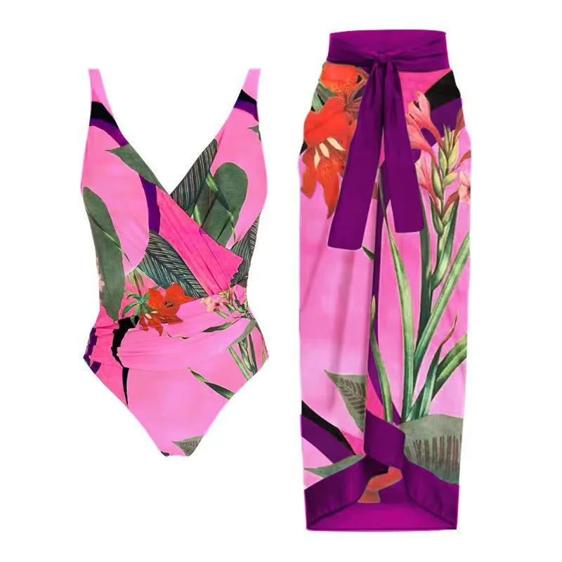 Maillot de Bain Une Pièce Femme – Slim Imprimé, Taille Haute & Col Frontal | Ventre Couvert, Nouveau