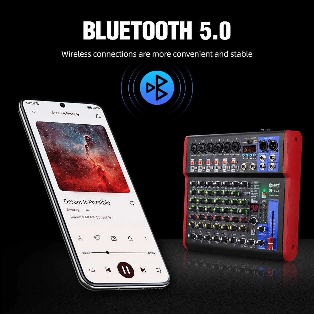 IKGE SI-UX – Table de Mixage DJ Portable Bluetooth 5.0, 99 Effets DSP, USB, 4/6/8 Canaux