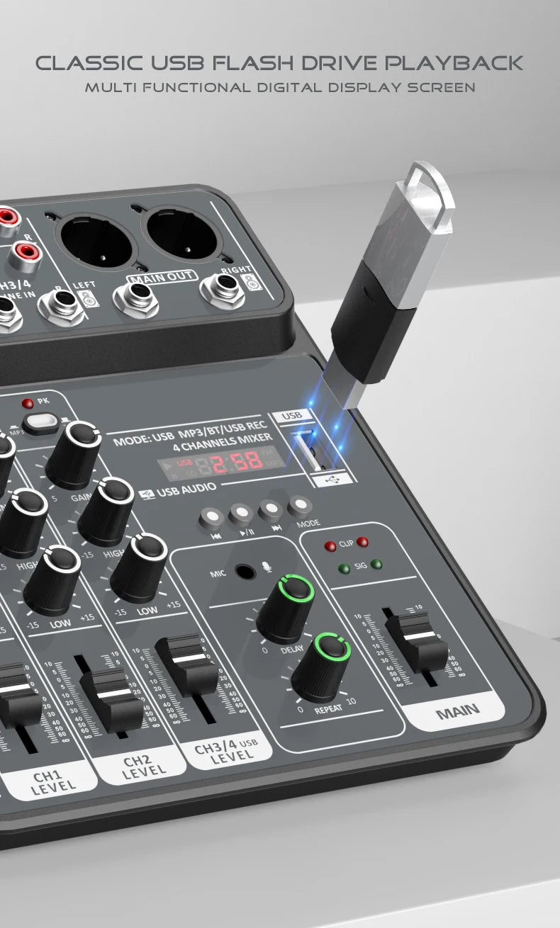 AOIEUUAI – Table de Mixage 4 Canaux Bluetooth, 48V Alimentation Fantôme, USB, Studio & Karaoké