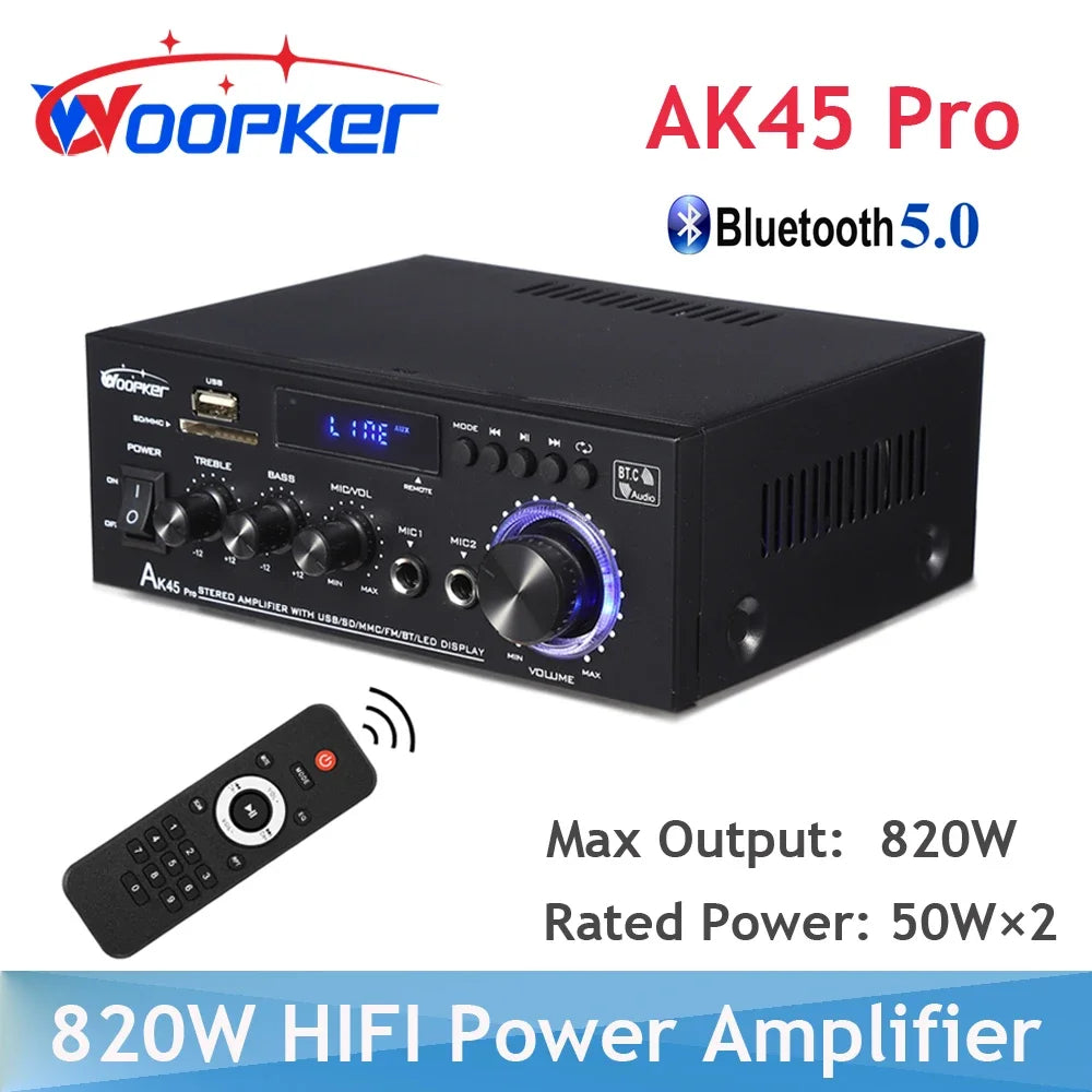 Woopker AK45 Pro – Amplificateur Numérique HiFi 2.0 Bluetooth | 50W×2 · 820W Max | FM · USB | Maison · Voiture · Karaoké