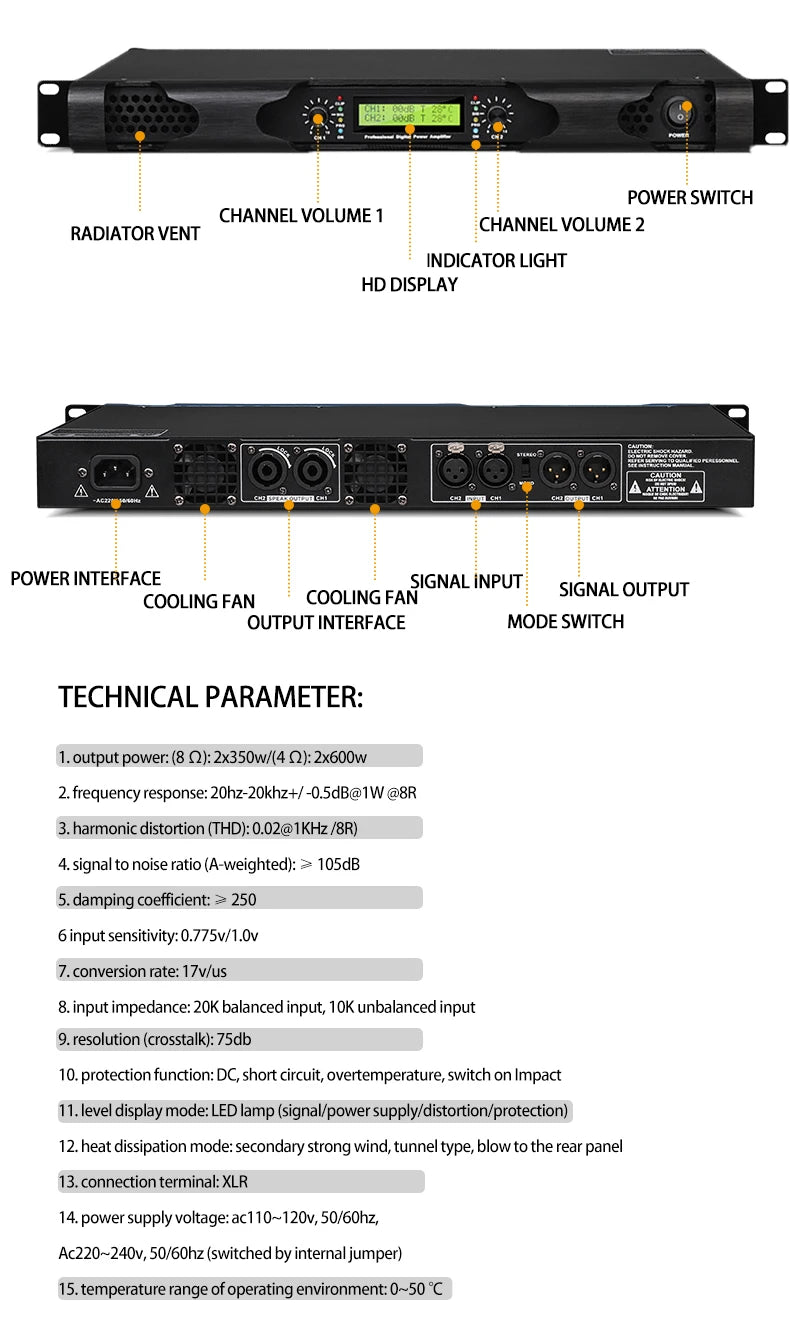NILUNWEI DGA-19 – Amplificateur de Puissance Numérique 1U 2×600W, 2 Canaux, Scène & DJ