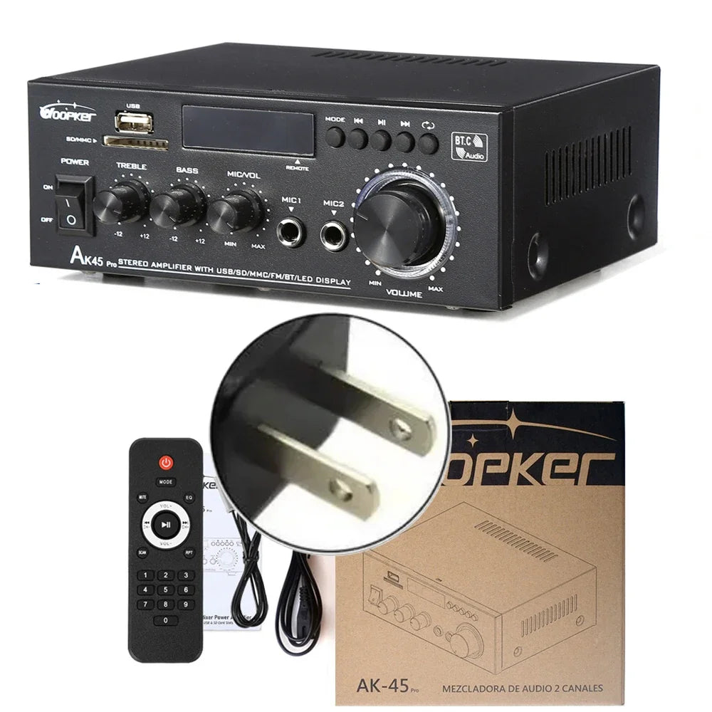 Woopker AK45 Pro – Amplificateur Numérique HiFi 2.0 Bluetooth | 50W×2 · 820W Max | FM · USB | Maison · Voiture · Karaoké