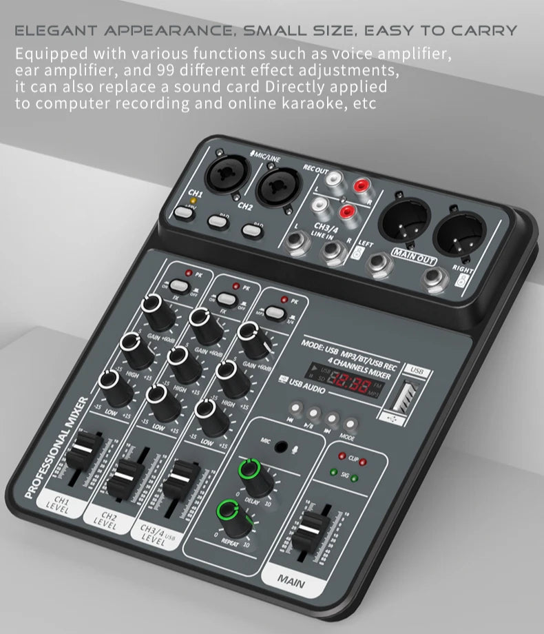 AOIEUUAI – Table de Mixage 4 Canaux Bluetooth, 48V Alimentation Fantôme, USB, Studio & Karaoké