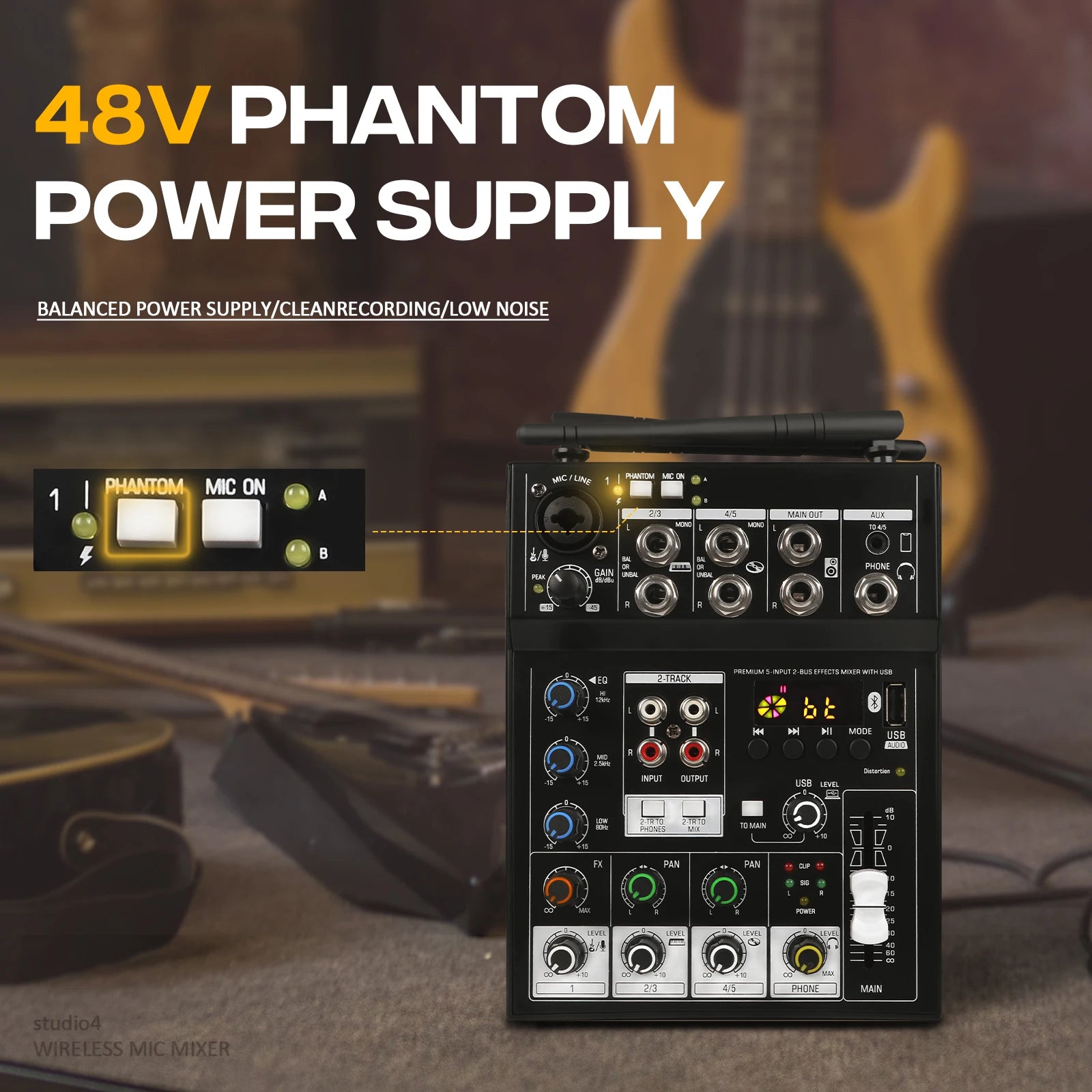 G-MARK STUDIO 4 – Console de Mixage DJ 4 Canaux Bluetooth, 2 Micros Sans Fil UHF, 48V, USB