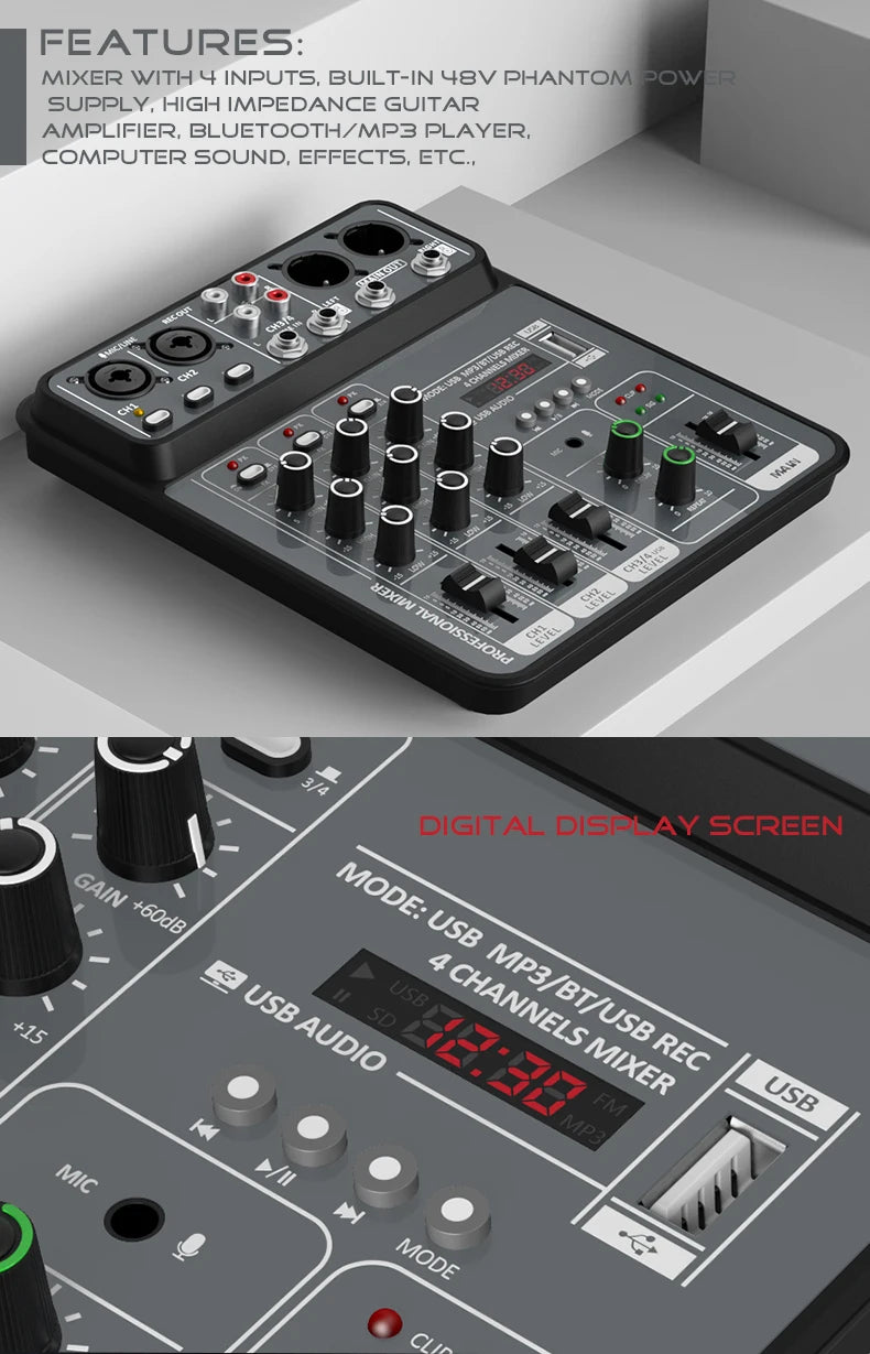 AOIEUUAI – Table de Mixage 4 Canaux Bluetooth, 48V Alimentation Fantôme, USB, Studio & Karaoké