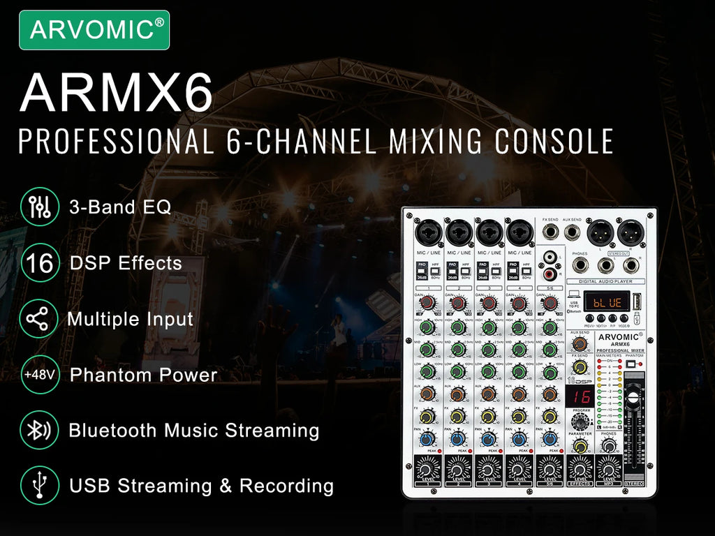 MELONARE ARMX-6 – Table de Mixage DJ 6 Canaux, Bluetooth, USB, 16 Effets DSP, EQ 3 Bandes