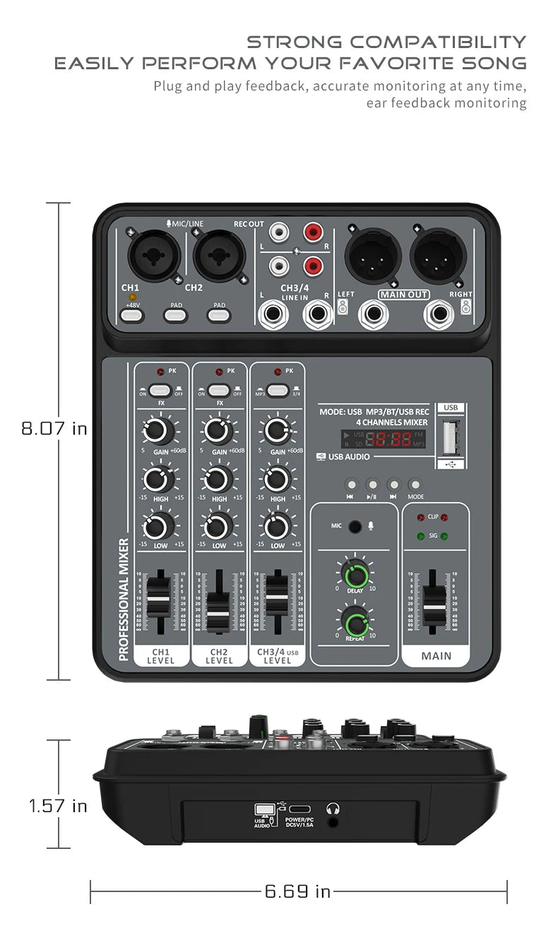 AOIEUUAI – Table de Mixage 4 Canaux Bluetooth, 48V Alimentation Fantôme, USB, Studio & Karaoké