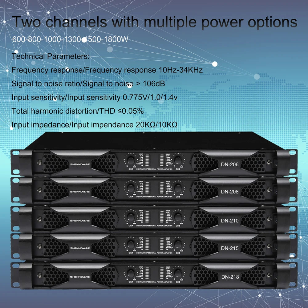 Shenndare DN-2100/DN-4100 – Ampli Puissance Classe D 1U, 2/4 Canaux, jusqu’à 4×1800W, Line Array DJ Scène KTV