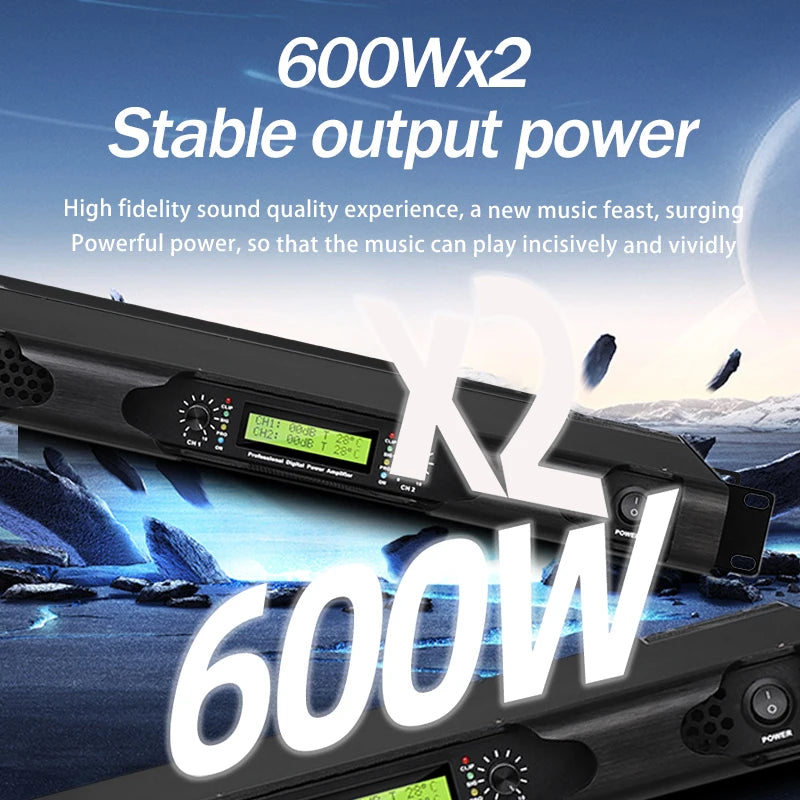 NILUNWEI DGA-19 – Amplificateur de Puissance Numérique 1U 2×600W, 2 Canaux, Scène & DJ