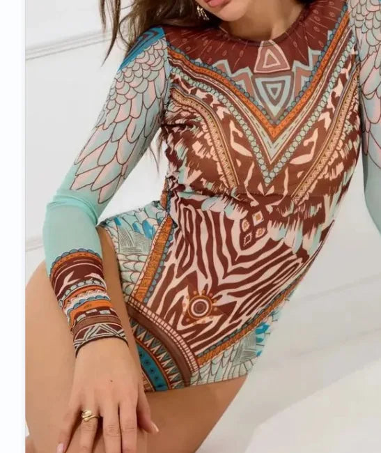 Maillot de Bain Une Pièce Femme – Manches Longues Imprimé, Tissu Maillé & Protection Solaire | Nouveau