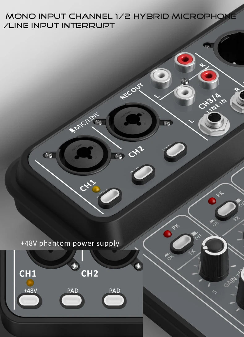 AOIEUUAI – Table de Mixage 4 Canaux Bluetooth, 48V Alimentation Fantôme, USB, Studio & Karaoké
