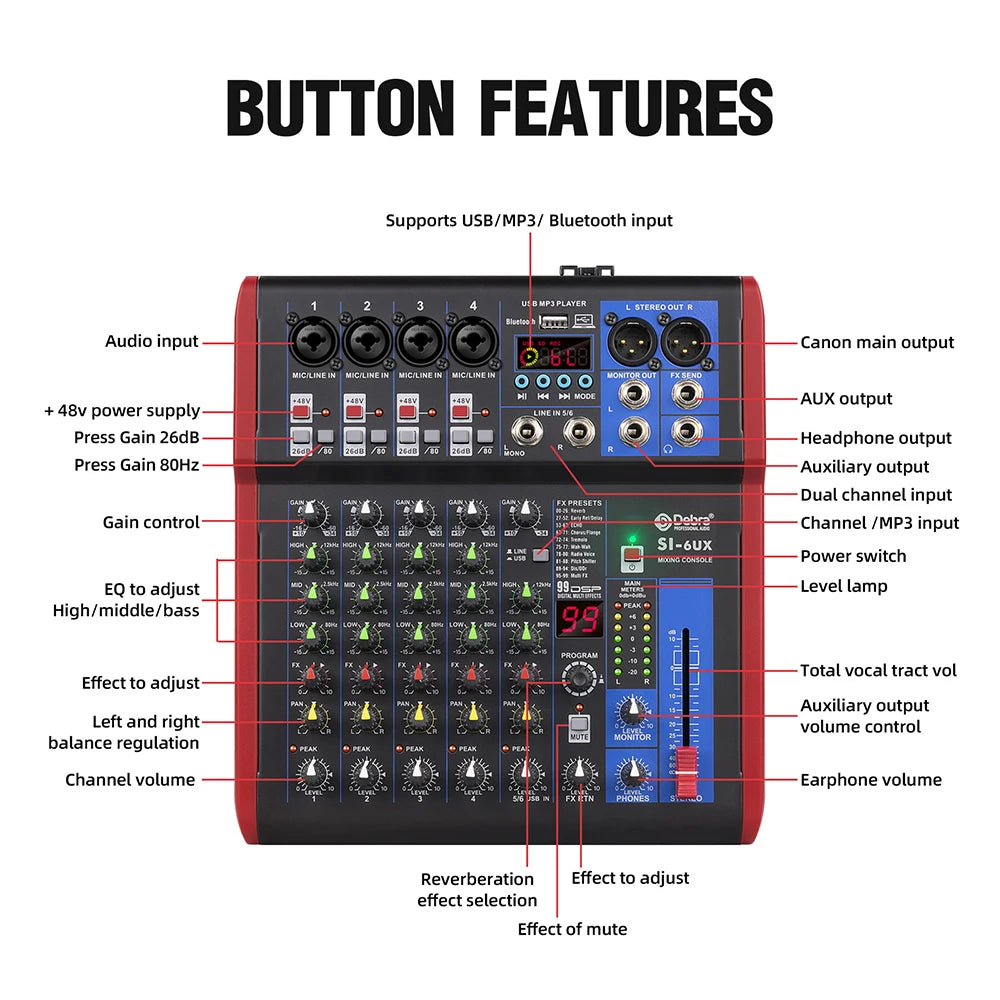 IKGE SI-UX – Table de Mixage DJ Portable Bluetooth 5.0, 99 Effets DSP, USB, 4/6/8 Canaux