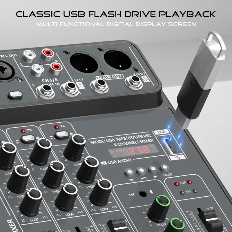 AOIEUUAI – Table de Mixage 4 Canaux Bluetooth, 48V Alimentation Fantôme, USB, Studio & Karaoké