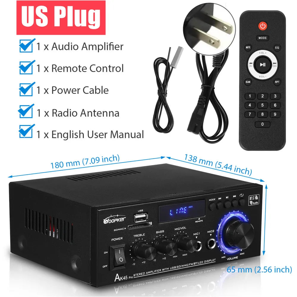 Woopker AK35 / AK45 / AK45 Pro / AK55 – Amplificateur Numérique Bluetooth 2 Canaux HiFi | FM · USB | Maison · Voiture · Karaoké